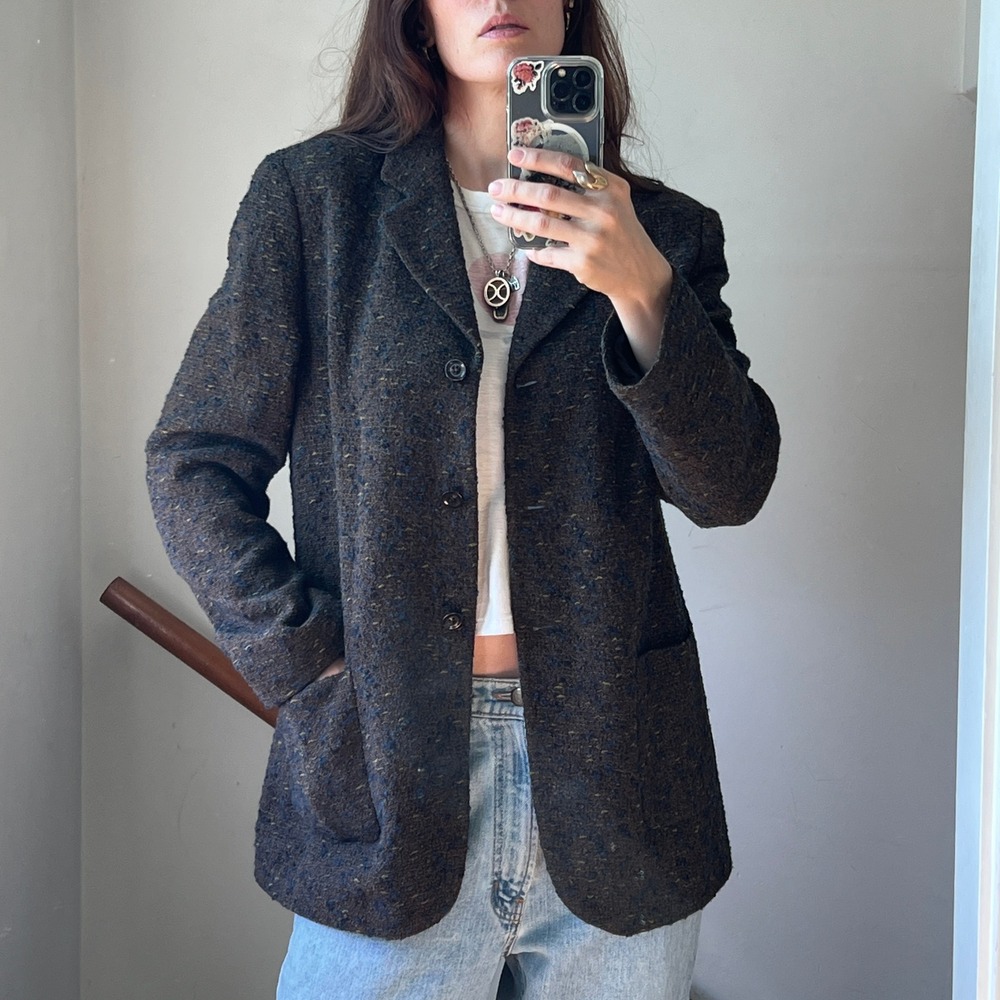 Vintage Vestimenta Wool Tweed Blazer Jacket Brown Boucle Made in Italy Corp Chic